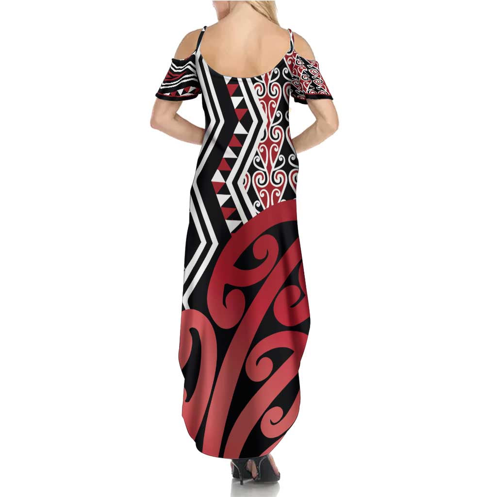 New Zealand Family Matching Summer Maxi Dress and Hawaiian Shirt Aotearoa Kowhaiwhai Mix Taniko Art - Red LT14 - Polynesian Pride