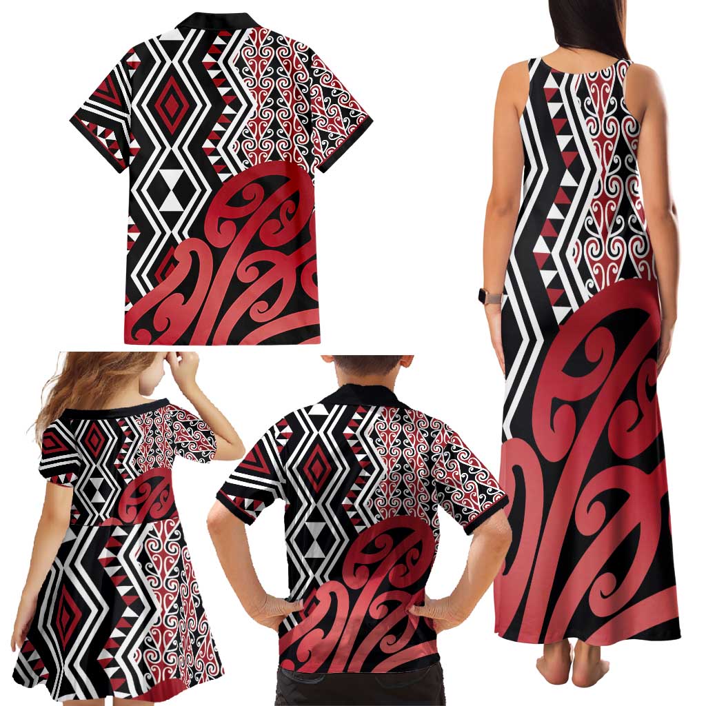 New Zealand Family Matching Tank Maxi Dress and Hawaiian Shirt Aotearoa Kowhaiwhai Mix Taniko Art - Red LT14 - Polynesian Pride