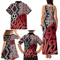 New Zealand Family Matching Tank Maxi Dress and Hawaiian Shirt Aotearoa Kowhaiwhai Mix Taniko Art - Red LT14 - Polynesian Pride