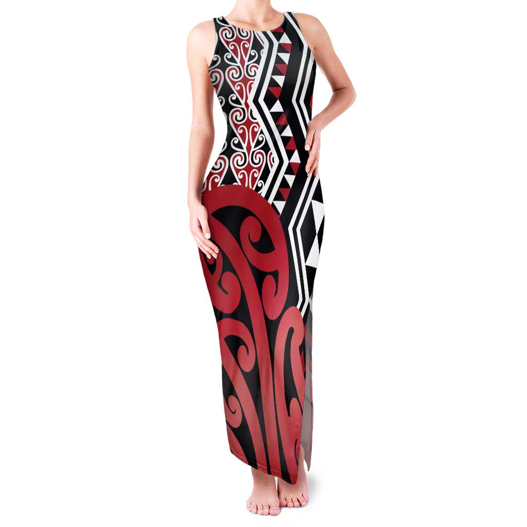 New Zealand Family Matching Tank Maxi Dress and Hawaiian Shirt Aotearoa Kowhaiwhai Mix Taniko Art - Red LT14 Mom's Dress Red - Polynesian Pride