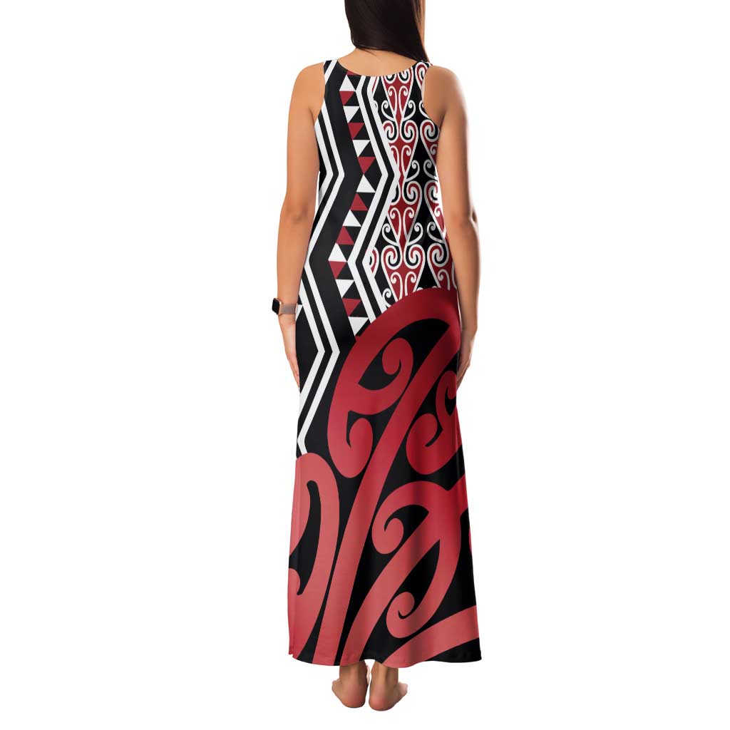 New Zealand Family Matching Tank Maxi Dress and Hawaiian Shirt Aotearoa Kowhaiwhai Mix Taniko Art - Red LT14 - Polynesian Pride