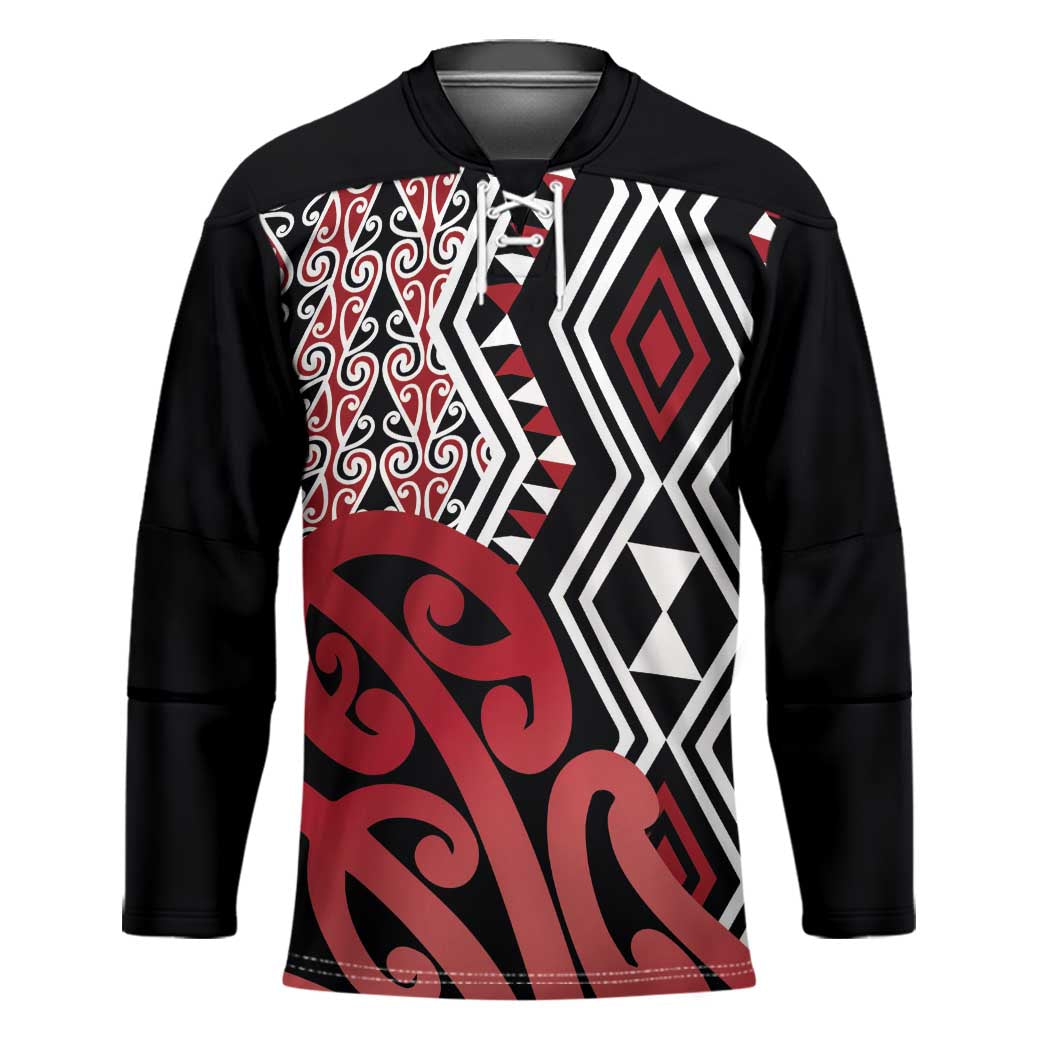 New Zealand Hockey Jersey Aotearoa Kowhaiwhai Mix Taniko Art - Red LT14 Unisex Red - Polynesian Pride