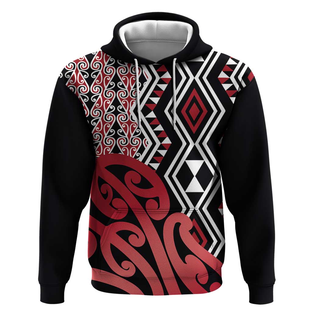 New Zealand Hoodie Aotearoa Kowhaiwhai Mix Taniko Art - Red LT14 Pullover Hoodie Red - Polynesian Pride
