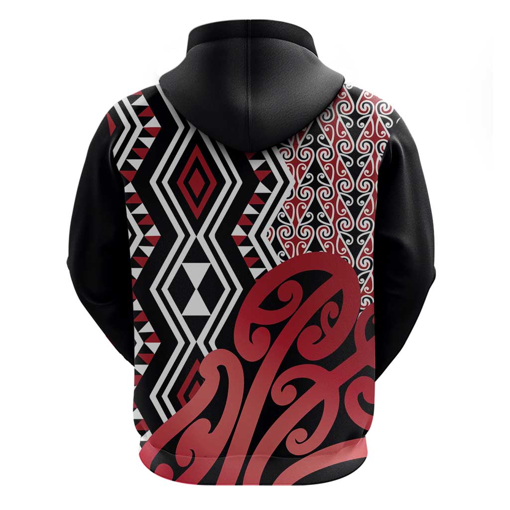 New Zealand Hoodie Aotearoa Kowhaiwhai Mix Taniko Art - Red LT14 - Polynesian Pride