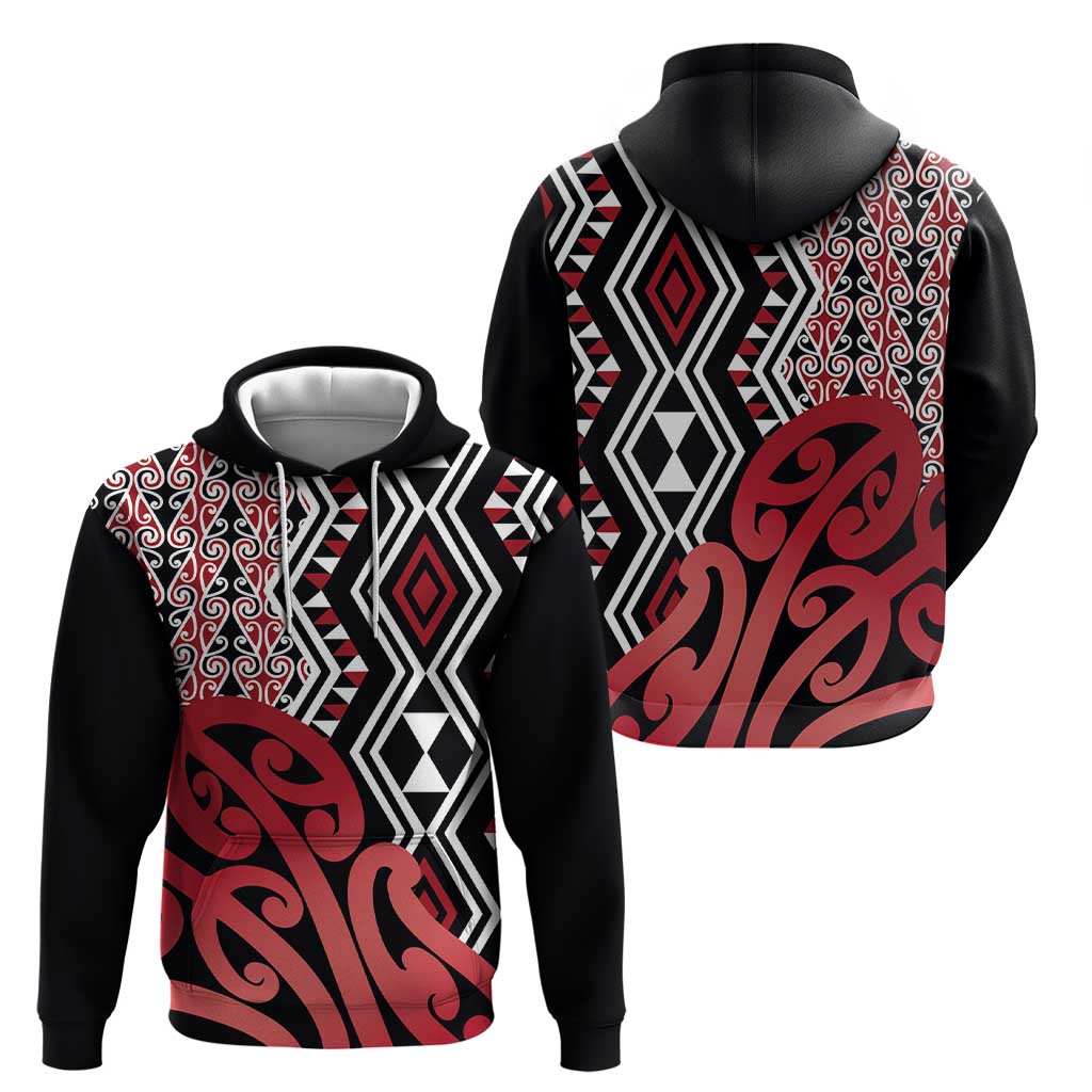 New Zealand Hoodie Aotearoa Kowhaiwhai Mix Taniko Art - Red LT14 - Polynesian Pride