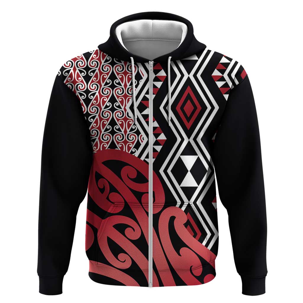 New Zealand Hoodie Aotearoa Kowhaiwhai Mix Taniko Art - Red LT14 Zip Hoodie Red - Polynesian Pride