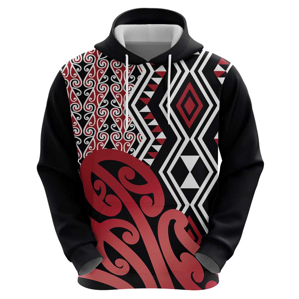 New Zealand Hoodie Aotearoa Kowhaiwhai Mix Taniko Art - Red LT14 - Polynesian Pride