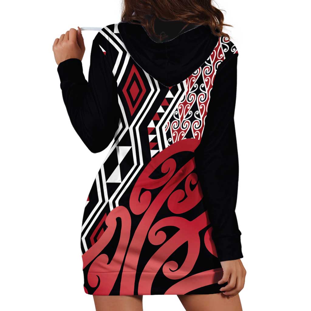 New Zealand Hoodie Dress Aotearoa Kowhaiwhai Mix Taniko Art - Red LT14 - Polynesian Pride