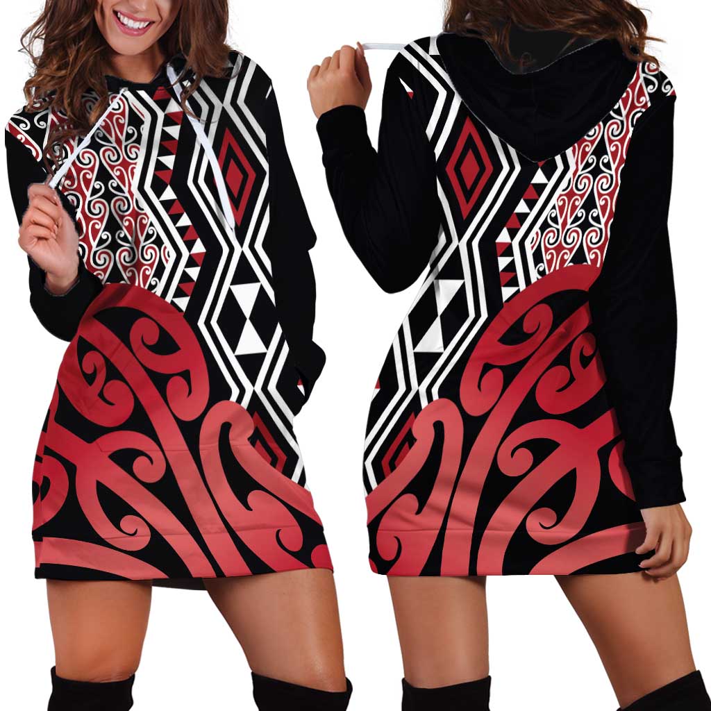 New Zealand Hoodie Dress Aotearoa Kowhaiwhai Mix Taniko Art - Red LT14 - Polynesian Pride