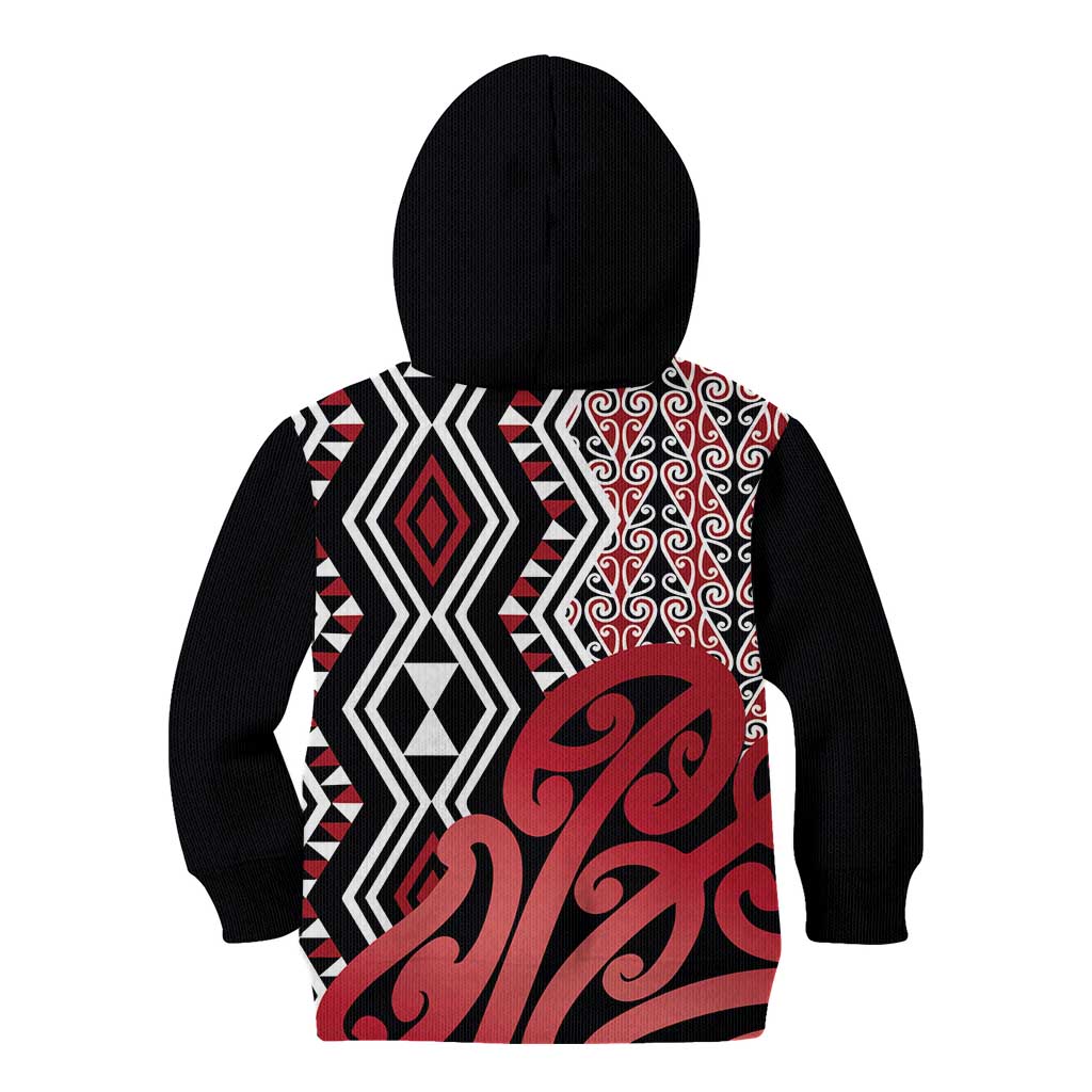 New Zealand Kid Hoodie Aotearoa Kowhaiwhai Mix Taniko Art - Red LT14 - Polynesian Pride