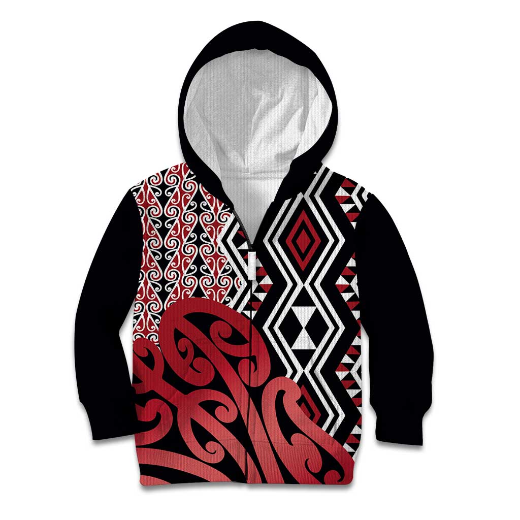 New Zealand Kid Hoodie Aotearoa Kowhaiwhai Mix Taniko Art - Red LT14 Zip Hoodie Red - Polynesian Pride