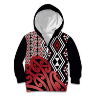 New Zealand Kid Hoodie Aotearoa Kowhaiwhai Mix Taniko Art - Red LT14 Zip Hoodie Red - Polynesian Pride