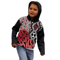 New Zealand Kid Hoodie Aotearoa Kowhaiwhai Mix Taniko Art - Red LT14 - Polynesian Pride