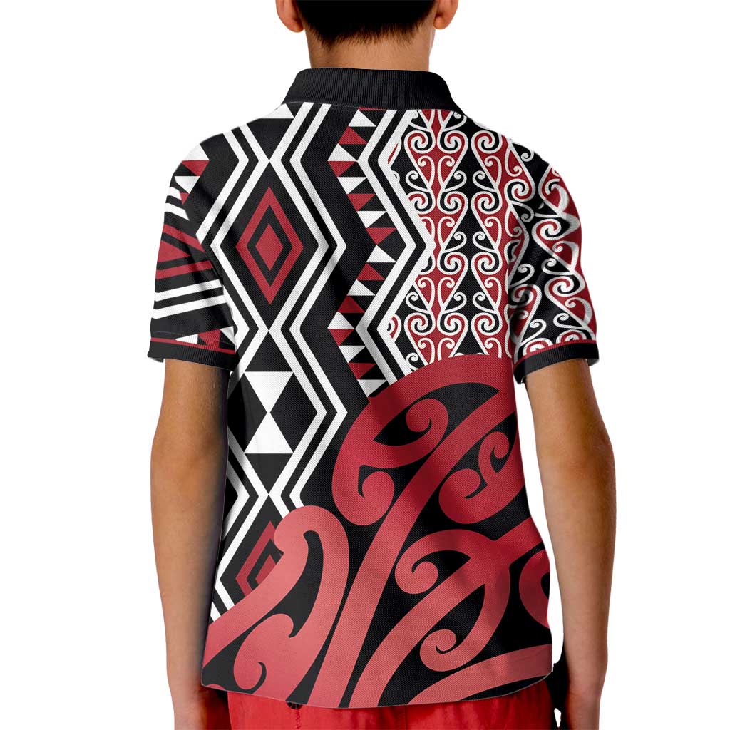 New Zealand Kid Polo Shirt Aotearoa Kowhaiwhai Mix Taniko Art - Red LT14 - Polynesian Pride