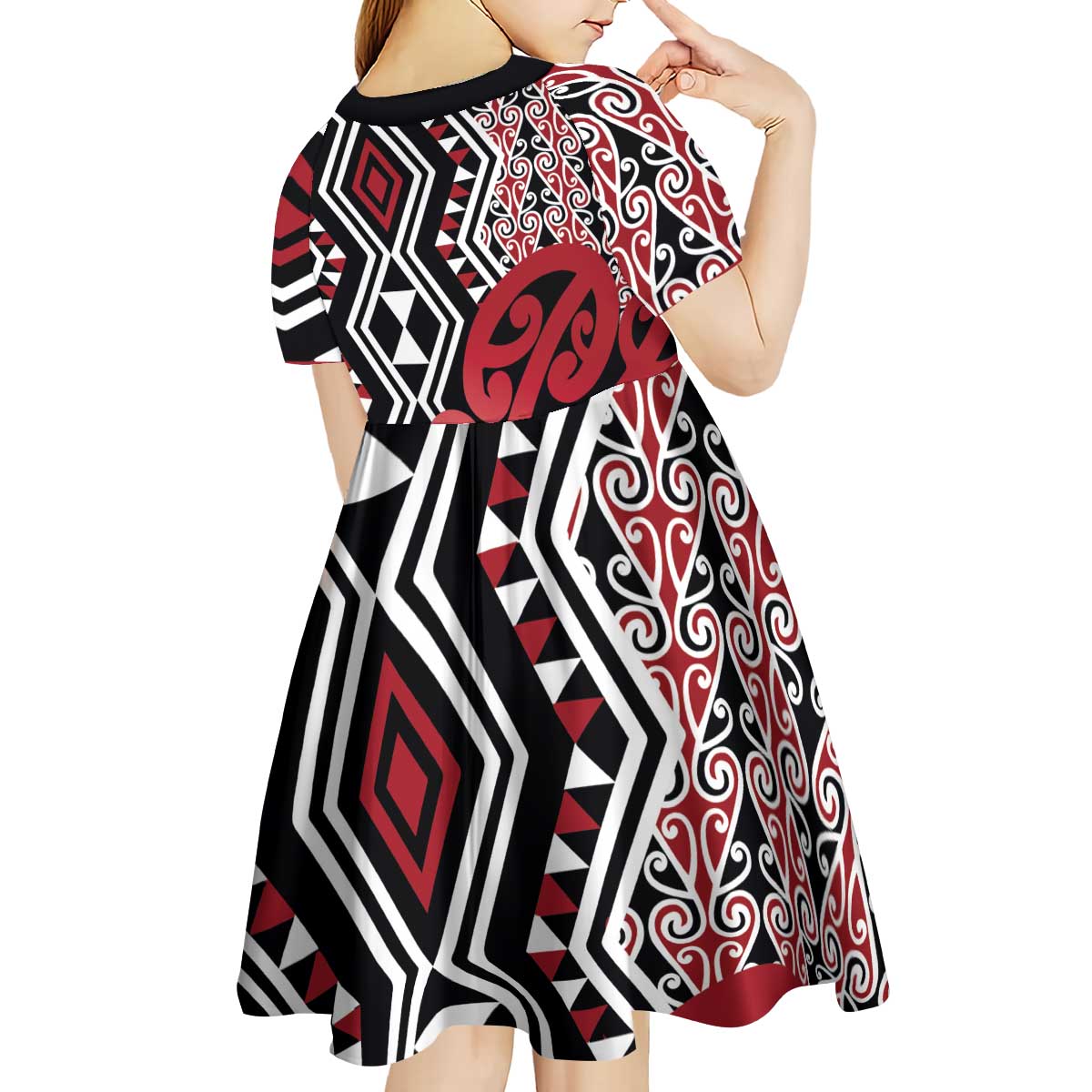 New Zealand Kid Short Sleeve Dress Aotearoa Kowhaiwhai Mix Taniko Art - Red LT14 - Polynesian Pride