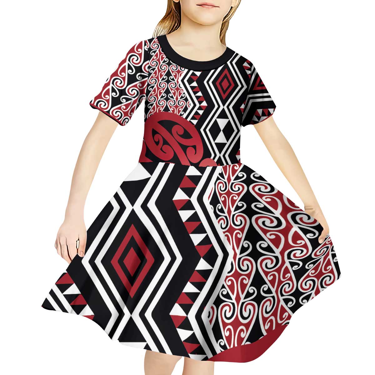New Zealand Kid Short Sleeve Dress Aotearoa Kowhaiwhai Mix Taniko Art - Red LT14 - Polynesian Pride