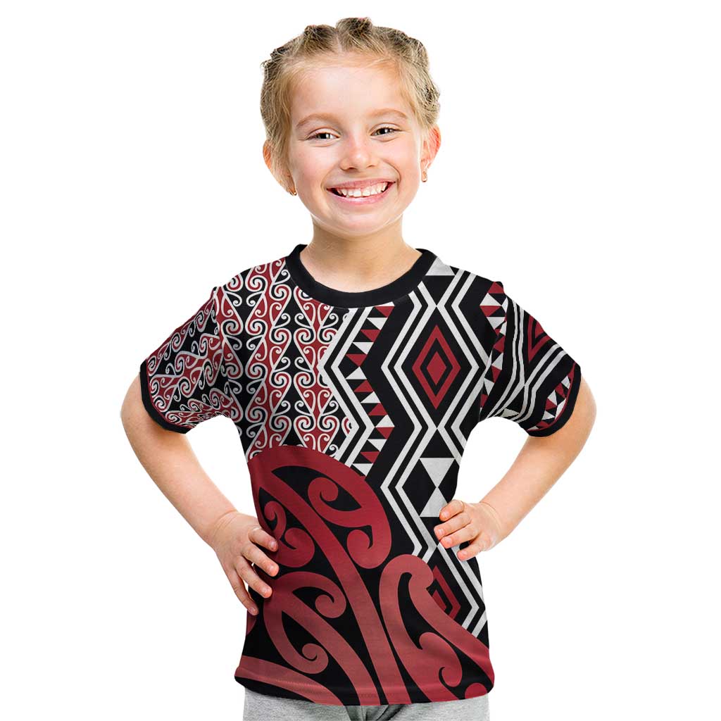 New Zealand Kid T Shirt Aotearoa Kowhaiwhai Mix Taniko Art - Red LT14 Red - Polynesian Pride