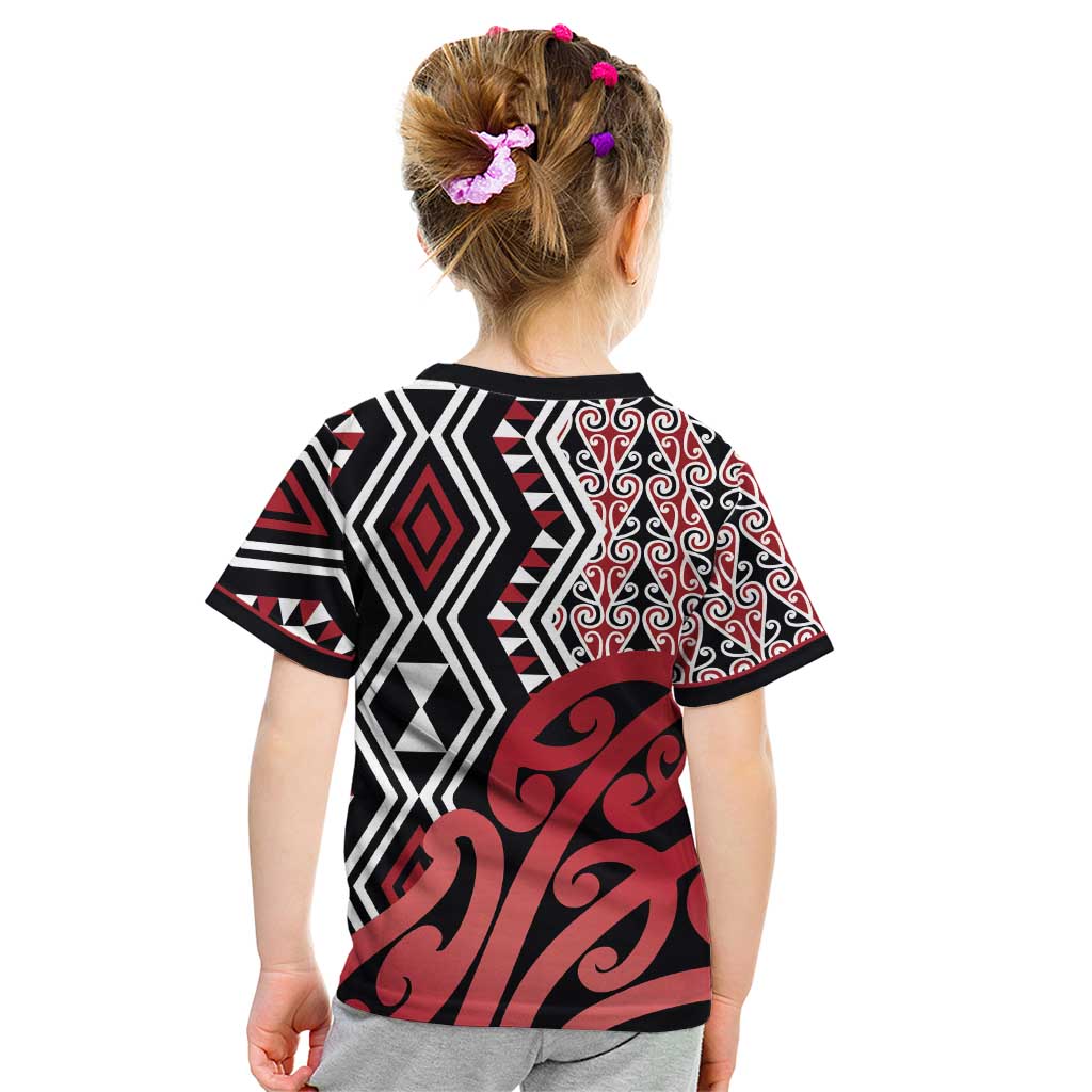New Zealand Kid T Shirt Aotearoa Kowhaiwhai Mix Taniko Art - Red LT14 - Polynesian Pride