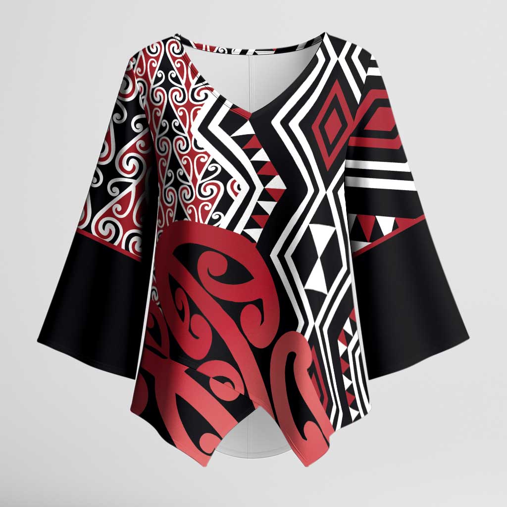 New Zealand Kimono Sleeve Blouse Aotearoa Kowhaiwhai Mix Taniko Art - Red LT14 Female Red - Polynesian Pride