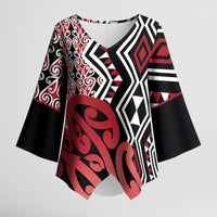 New Zealand Kimono Sleeve Blouse Aotearoa Kowhaiwhai Mix Taniko Art - Red LT14 Female Red - Polynesian Pride