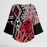 New Zealand Kimono Sleeve Blouse Aotearoa Kowhaiwhai Mix Taniko Art - Red LT14 - Polynesian Pride
