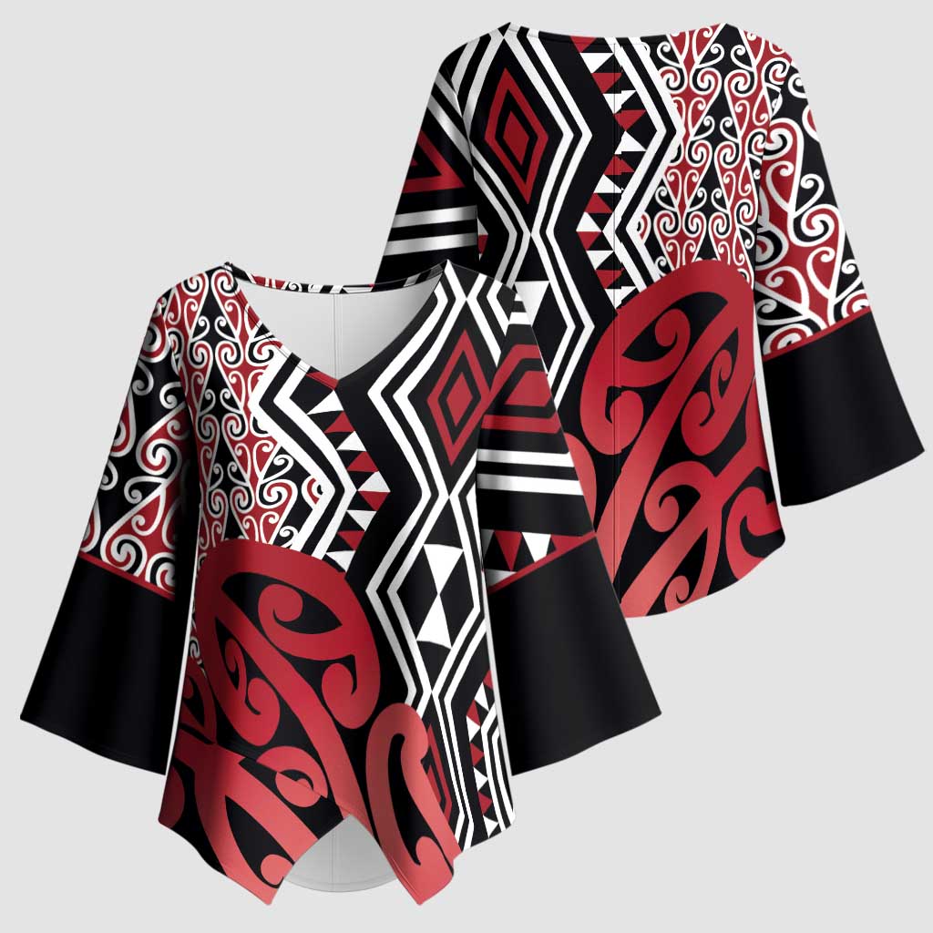 New Zealand Kimono Sleeve Blouse Aotearoa Kowhaiwhai Mix Taniko Art - Red LT14 - Polynesian Pride