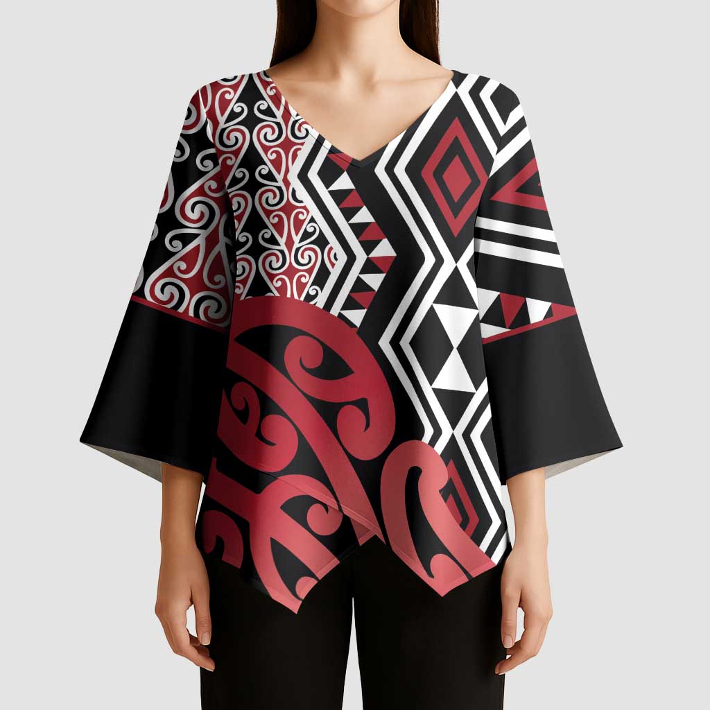 New Zealand Kimono Sleeve Blouse Aotearoa Kowhaiwhai Mix Taniko Art - Red LT14 - Polynesian Pride