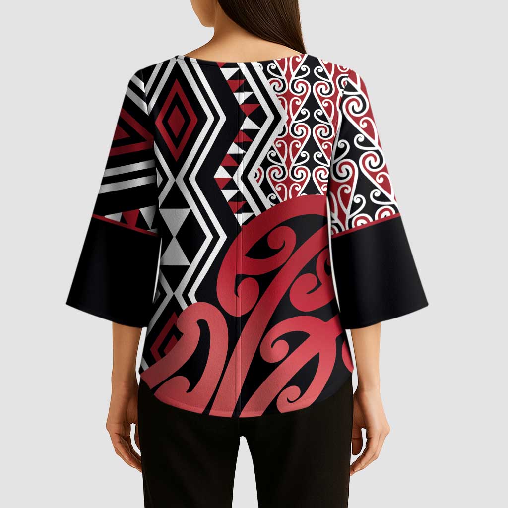 New Zealand Kimono Sleeve Blouse Aotearoa Kowhaiwhai Mix Taniko Art - Red LT14 - Polynesian Pride