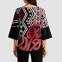 New Zealand Kimono Sleeve Blouse Aotearoa Kowhaiwhai Mix Taniko Art - Red LT14 - Polynesian Pride