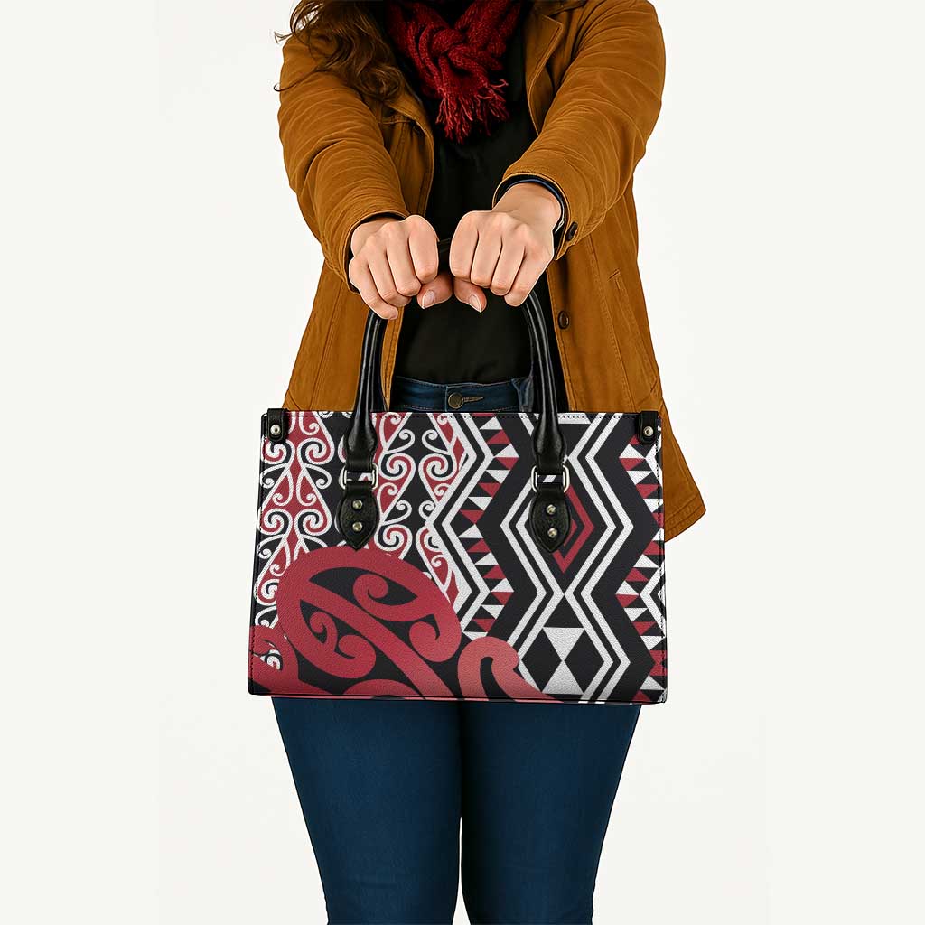 New Zealand Leather Bag Aotearoa Kowhaiwhai Mix Taniko Art - Red - Polynesian Pride