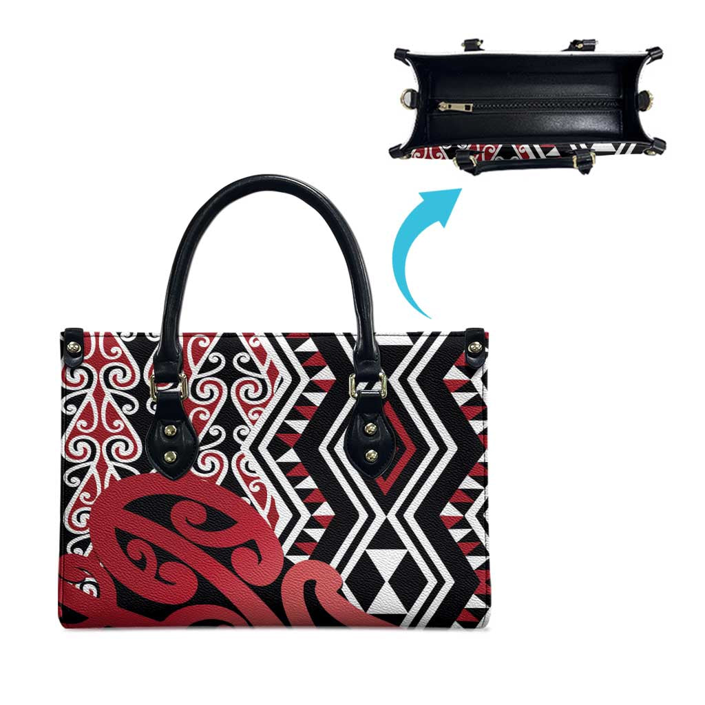 New Zealand Leather Bag Aotearoa Kowhaiwhai Mix Taniko Art - Red - Polynesian Pride