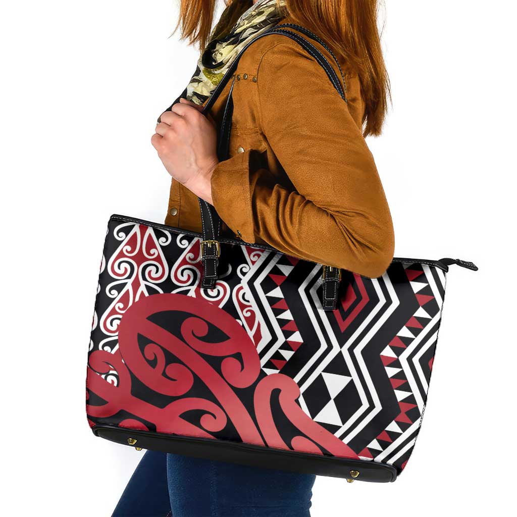 New Zealand Leather Tote Bag Aotearoa Kowhaiwhai Mix Taniko Art - Red LT14 Red - Polynesian Pride
