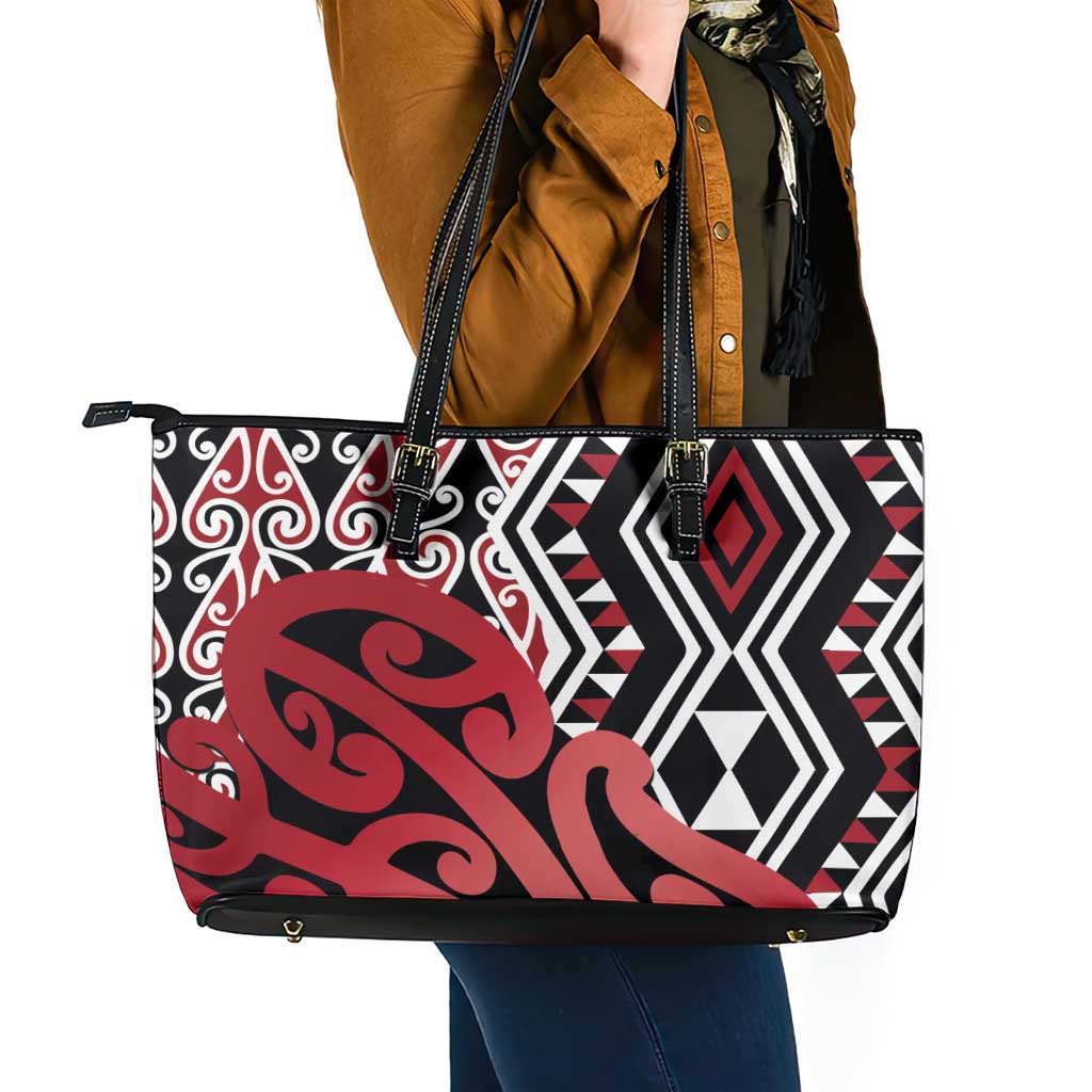 New Zealand Leather Tote Bag Aotearoa Kowhaiwhai Mix Taniko Art - Red LT14 - Polynesian Pride