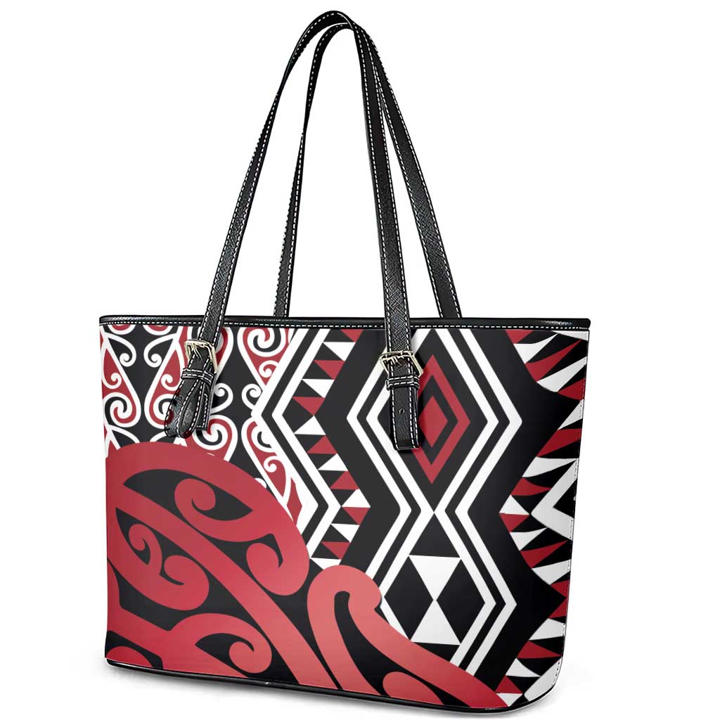 New Zealand Leather Tote Bag Aotearoa Kowhaiwhai Mix Taniko Art - Red LT14 - Polynesian Pride