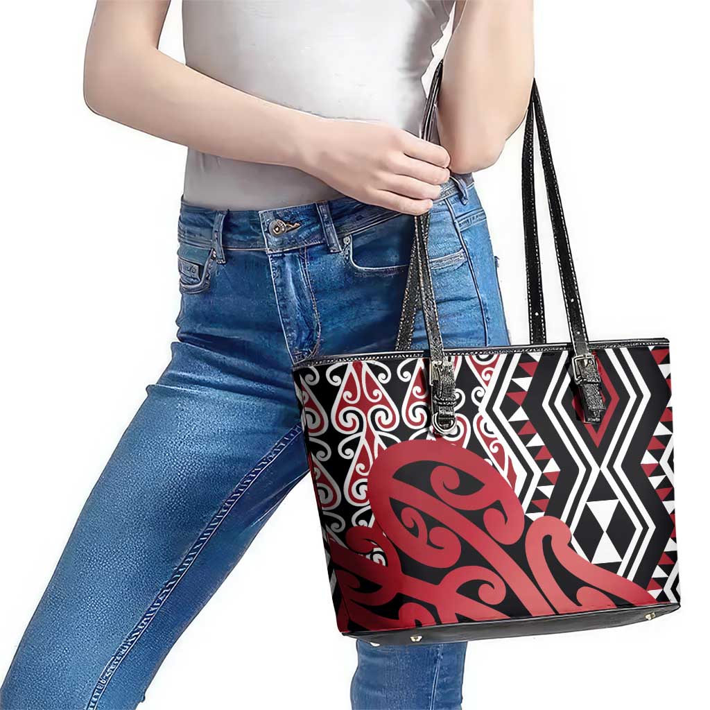 New Zealand Leather Tote Bag Aotearoa Kowhaiwhai Mix Taniko Art - Red LT14 - Polynesian Pride
