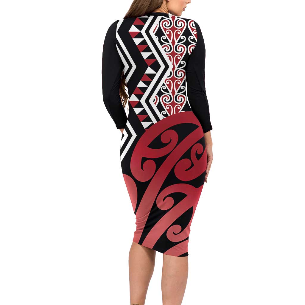 New Zealand Long Sleeve Bodycon Dress Aotearoa Kowhaiwhai Mix Taniko Art - Red LT14 - Polynesian Pride