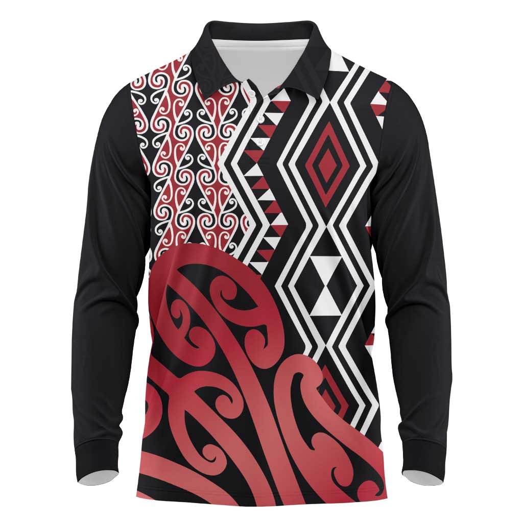 New Zealand Long Sleeve Polo Shirt Aotearoa Kowhaiwhai Mix Taniko Art - Red LT14 Red - Polynesian Pride