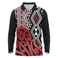 New Zealand Long Sleeve Polo Shirt Aotearoa Kowhaiwhai Mix Taniko Art - Red LT14 Red - Polynesian Pride