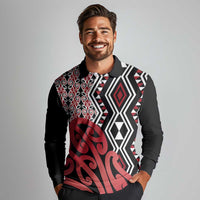 New Zealand Long Sleeve Polo Shirt Aotearoa Kowhaiwhai Mix Taniko Art - Red LT14 - Polynesian Pride