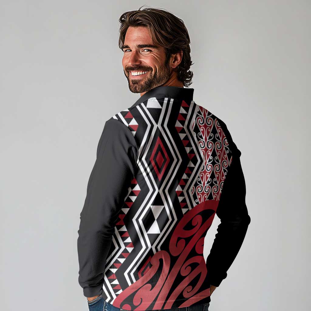 New Zealand Long Sleeve Polo Shirt Aotearoa Kowhaiwhai Mix Taniko Art - Red LT14 - Polynesian Pride