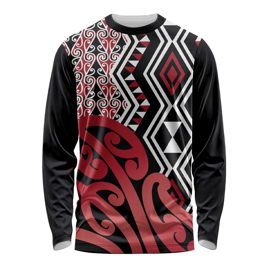 New Zealand Long Sleeve Shirt Aotearoa Kowhaiwhai Mix Taniko Art - Red LT14 Unisex Red - Polynesian Pride