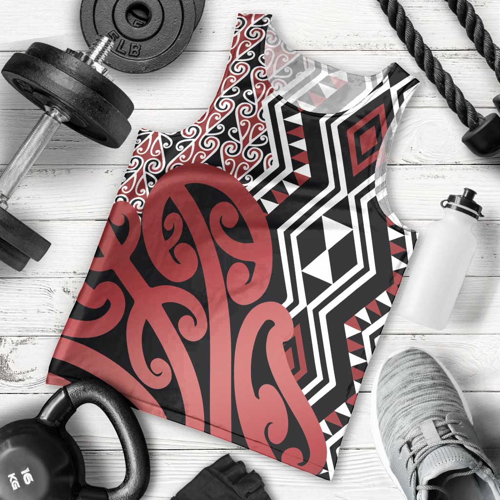 New Zealand Men Tank Top Aotearoa Kowhaiwhai Mix Taniko Art - Red LT14 - Polynesian Pride