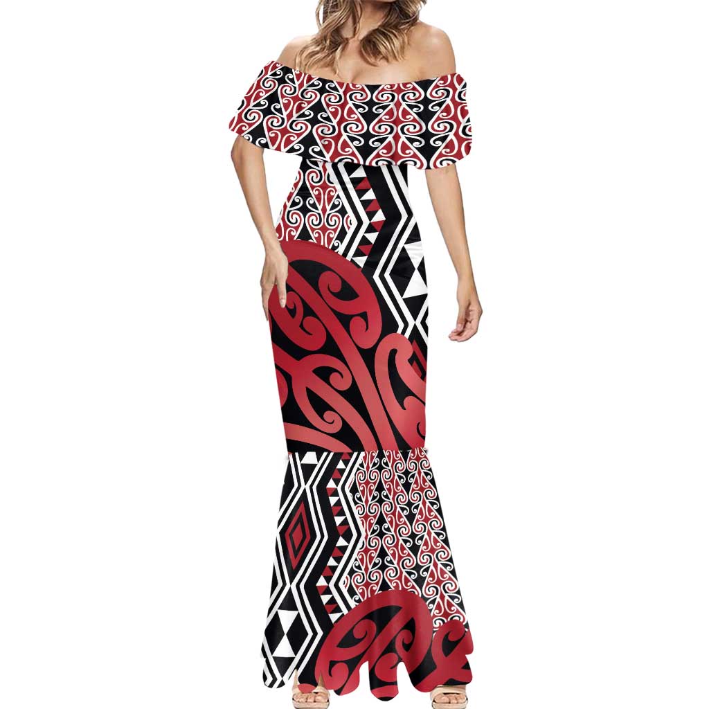 New Zealand Mermaid Dress Aotearoa Kowhaiwhai Mix Taniko Art - Red LT14 - Polynesian Pride