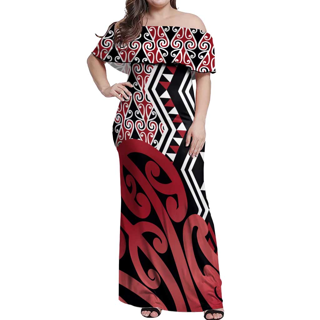 New Zealand Off Shoulder Maxi Dress Aotearoa Kowhaiwhai Mix Taniko Art - Red LT14 Women Red - Polynesian Pride