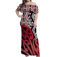 New Zealand Off Shoulder Maxi Dress Aotearoa Kowhaiwhai Mix Taniko Art - Red LT14 Women Red - Polynesian Pride