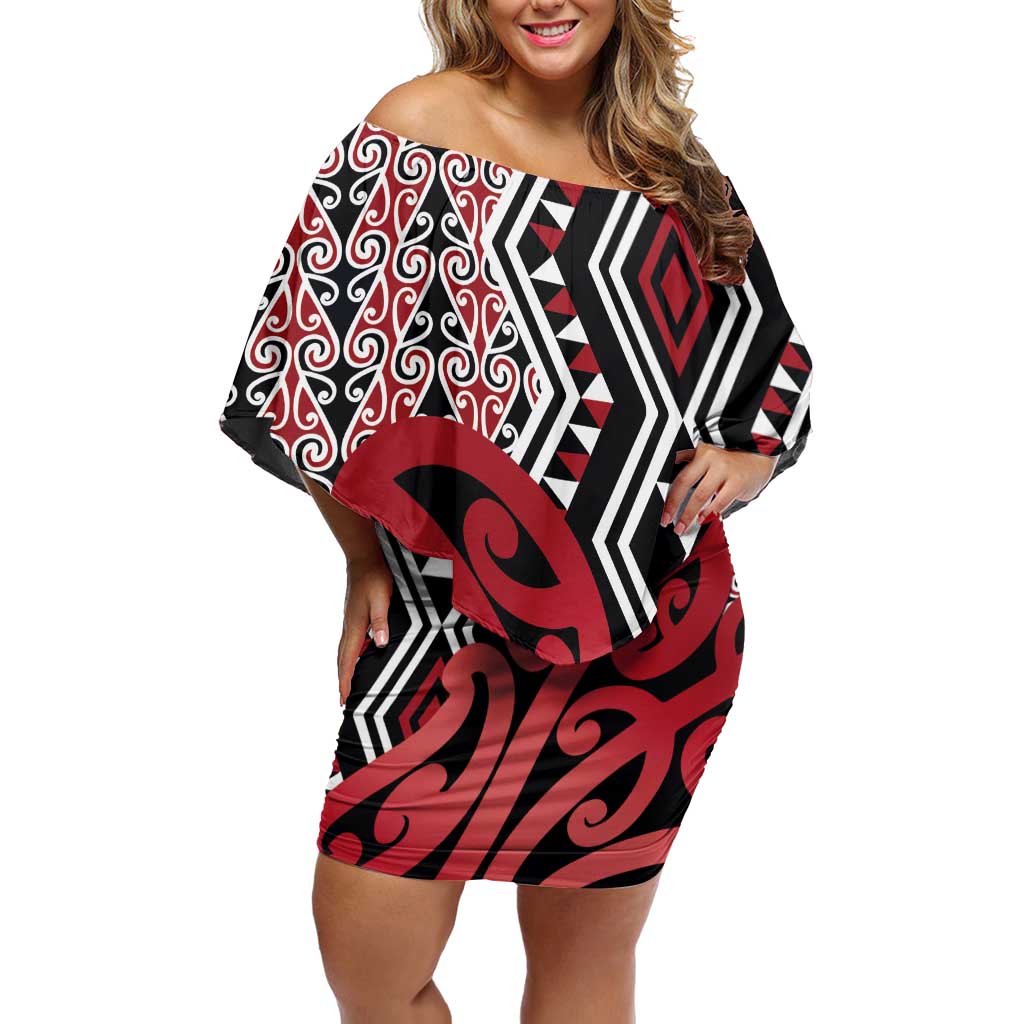 New Zealand Off Shoulder Short Dress Aotearoa Kowhaiwhai Mix Taniko Art - Red LT14 Women Red - Polynesian Pride