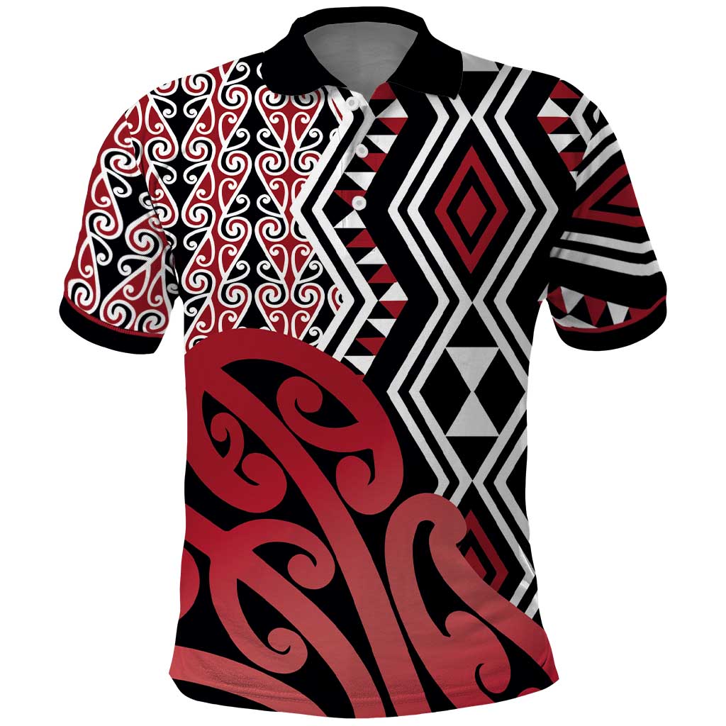 New Zealand Polo Shirt Aotearoa Kowhaiwhai Mix Taniko Art - Red LT14 Red - Polynesian Pride