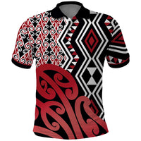 New Zealand Polo Shirt Aotearoa Kowhaiwhai Mix Taniko Art - Red LT14 Red - Polynesian Pride