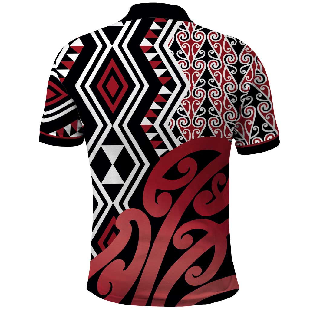 New Zealand Polo Shirt Aotearoa Kowhaiwhai Mix Taniko Art - Red LT14 - Polynesian Pride