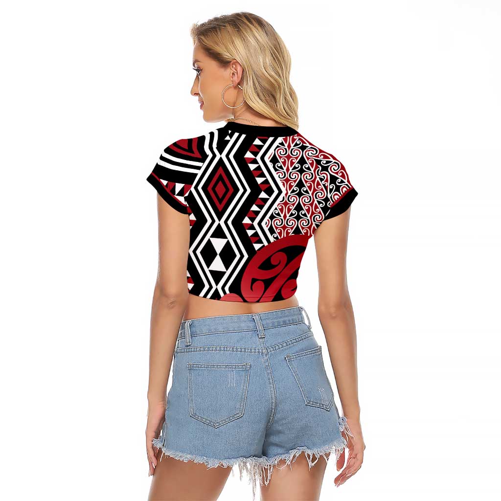 New Zealand Raglan Cropped T Shirt Aotearoa Kowhaiwhai Mix Taniko Art - Red LT14 - Polynesian Pride